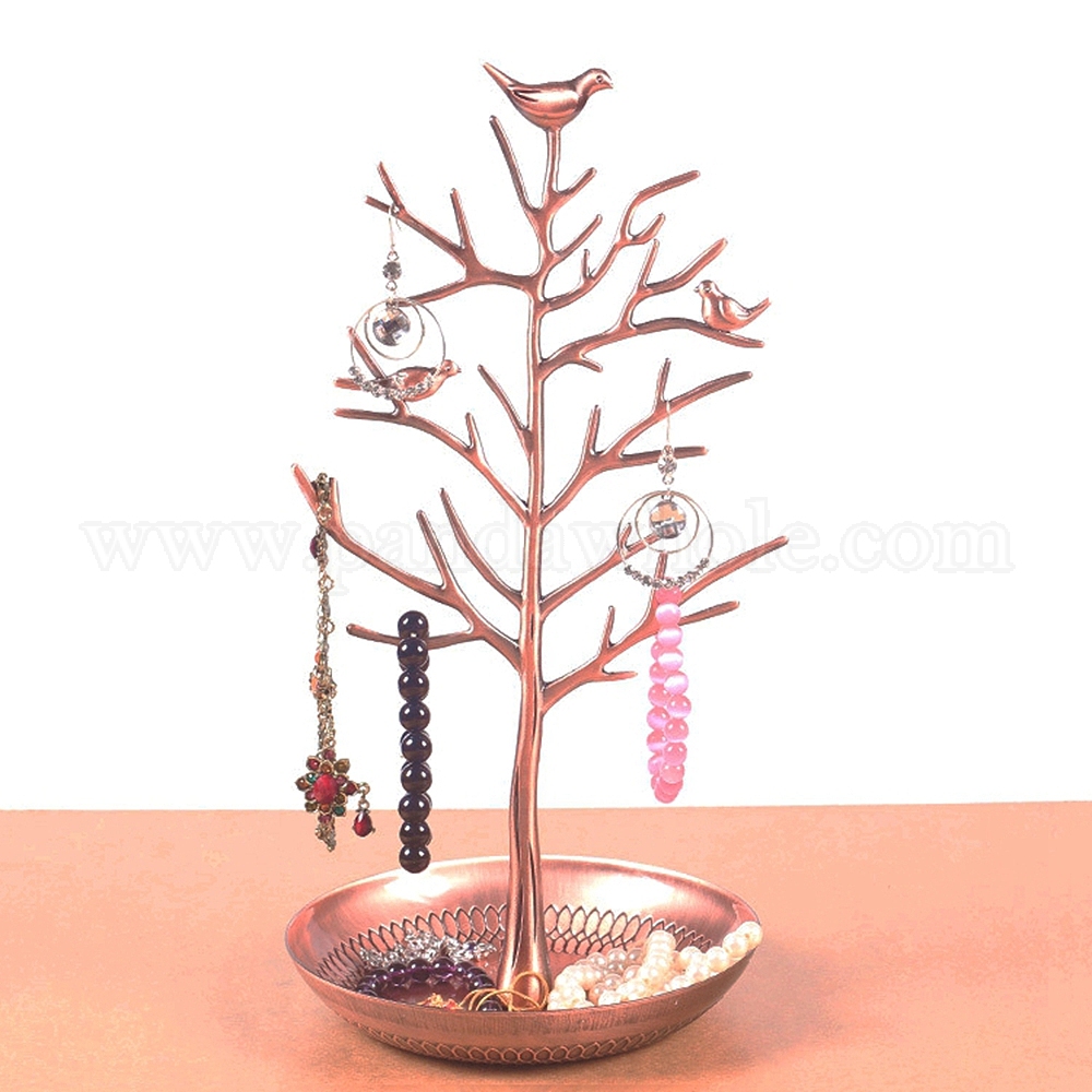 Fábrica de China Estante de exhibición del soporte de la joyería del árbol los pájaros de la aleación, poseedor, con fondo de hierro, para colgar collares pendientes pulseras 150x150x300 mm a