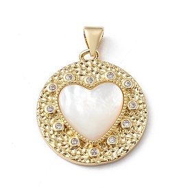 Rack Plating Brass Micro Pave Cubic Zirconia Pendants, with Shell, Long-Lasting Plated, Cadmium Free & Lead Free, Hammered Flat Round with Heart Charm
