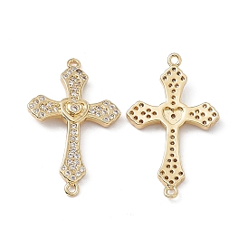 Rack Plating Brass Micro Pave Clear Cubic Zirconia Connector Charms, Lead Free & Cadmium Free, Religion Cross Links