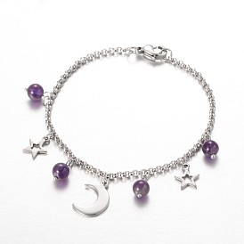 Moon & Star Stainless Steel Gemstone Charm Bracelets, with Lobster Claw Clasps, 7-1/4 inch (185mm)
