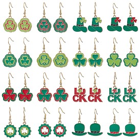 16Pair Saint Patrick's Day Theme 304 Stainless Steel Dangle Earrings, with Alloy Enamel Pendants