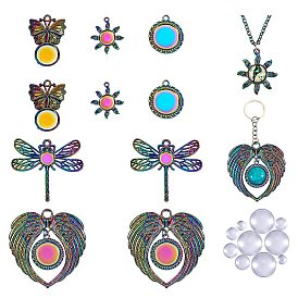 Kit de fabrication de pendentif couleur arc-en-ciel diy, y compris libellule & fleur & papillon & aile alliage pendentif cabochon paramètres, Cabochons en verre