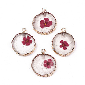 Pendentifs en résine époxy transparente et fleurs séchées, avec passants en fer plaqué or clair, plat rond