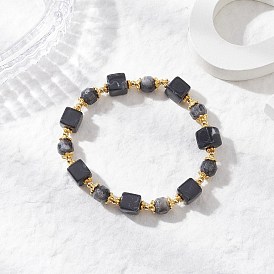 Натуральные бусины ларвикита эластичные браслеты для мужчин и женщин, кубические, с бусинами из сплава и латуни