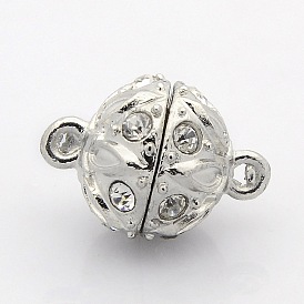 Round Alloy Magnetic Clasps with Loops, with Grade A Rhinestone, 17.5x13mm, Hole: 2mm