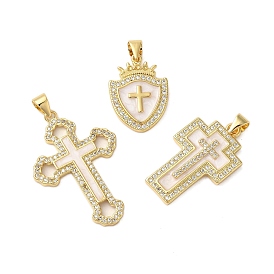 Rack Plating Brass Micro Pave Cubic Zirconia Pendants, Enamel Style, Cadmium Free & Lead Free, Long-Lasting Plated, Cross