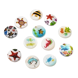 Плоские круглые бусины из натуральных пресноводных ракушек с принтом в виде морских волн
