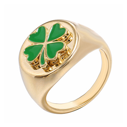 Green Enamel Clover Signet Finger Ring, Brass Chunky Ring for Women