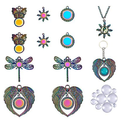 Kit de bricolaje para hacer colgantes de colores del arcoíris, incluyendo ajustes de cabujón colgante de aleación de libélula y flor y mariposa y ala, Cabuchones de cristal
