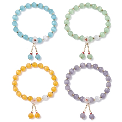 4шт. эластичные браслеты из бусин кошачий глаз для женщин, латунные кабельные цепи и акриловые браслеты с подвесками в виде цветочных кисточек