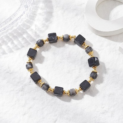 Натуральные бусины ларвикита эластичные браслеты для мужчин и женщин, кубические, с бусинами из сплава и латуни