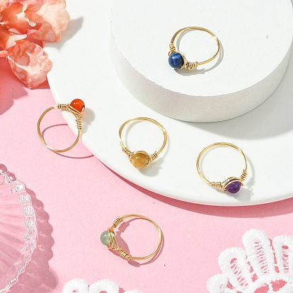 Кольца с натуральным зеленым авантюрином, сердоликом, аметистом, тигровым глазом и лазуритом, золотые тона медной проволоки для женщин