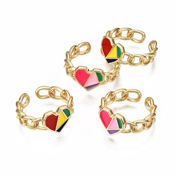 Brass Enamel Cuff Rings, Open Rings, Nickel Free, Curb Chain, Heart, Real 16K Gold Plated