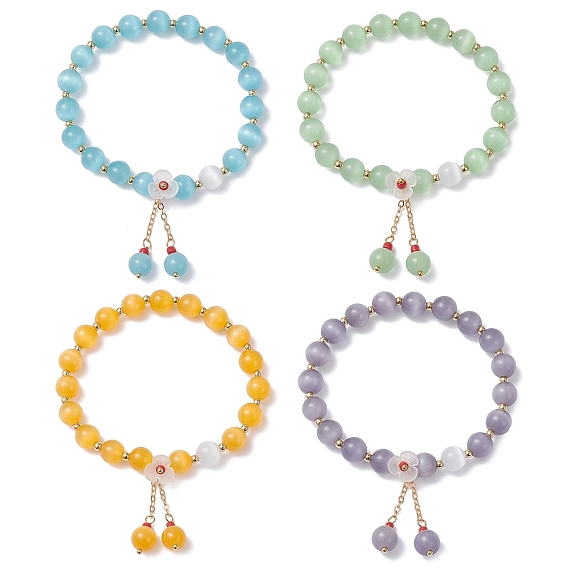 4шт. эластичные браслеты из бусин кошачий глаз для женщин, латунные кабельные цепи и акриловые браслеты с подвесками в виде цветочных кисточек