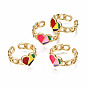 Brass Enamel Cuff Rings, Open Rings, Nickel Free, Curb Chain, Heart, Real 16K Gold Plated