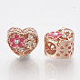 Legierung Rhinestone European Beads, mit Emaille, Großloch perlen, hohl, Herz, hot pink, Kristall