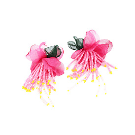 Bohemian Handmade Beaded Tassel Earrings - Floral, Long, Snowflake Chiffon.
