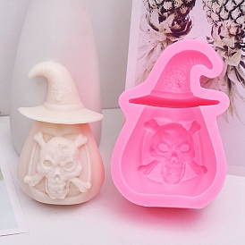 DIY Food Grade DIY Silicone Candle Molds, for Candle Making, Skull with Witch Hat