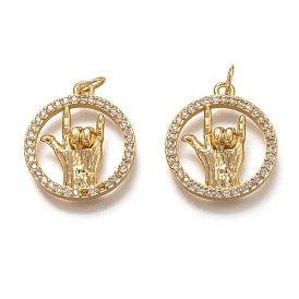 Brass Micro Pave Clear Cubic Zirconia Pendants, with Jump Rings, Long-Lasting Plated, Flat Round with I Love You Gesture