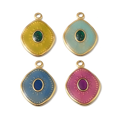 304 Stainless Steel Enamel Pendants, Rhombus with Sun Charms, Real 18K Gold Plated, Ion Plating(IP)