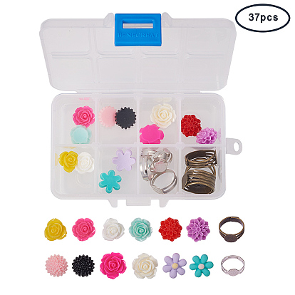 SUNNYCLUE DIY Ring Making, with Iron Pad Ring Base Findings, Adjustable Brass Pad Ring Settings and Flower Resin Cabochons