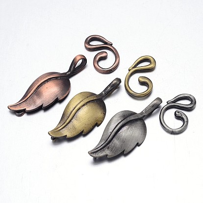 Brass Hook Clasps, For Leather Cord Bracelets Making, Leaf: 33x13x3mm, Hook: 17x10x2mm, Hole: 1mm and 3x3mm
