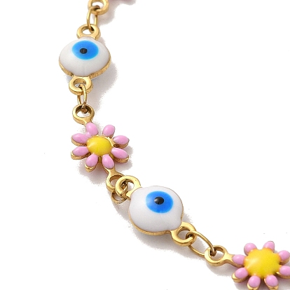 304 Stainless Steel Necklaces, Enamel Copper Multicolor Daisy Flower with Evil Eye Chain Necklaces