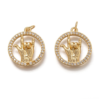 Brass Micro Pave Clear Cubic Zirconia Pendants, with Jump Rings, Long-Lasting Plated, Flat Round with I Love You Gesture
