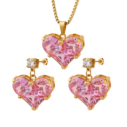 Sparkling Pink CZ Heart Fairy Jewelry Set - Non-Fading Copper Earrings, Necklace & Pendant for Sweet and Cool Girls
