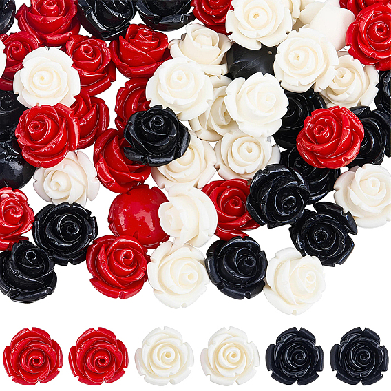 60Pcs 3 Colors Synthetic Coral Carved Beads, Dyed, Flower