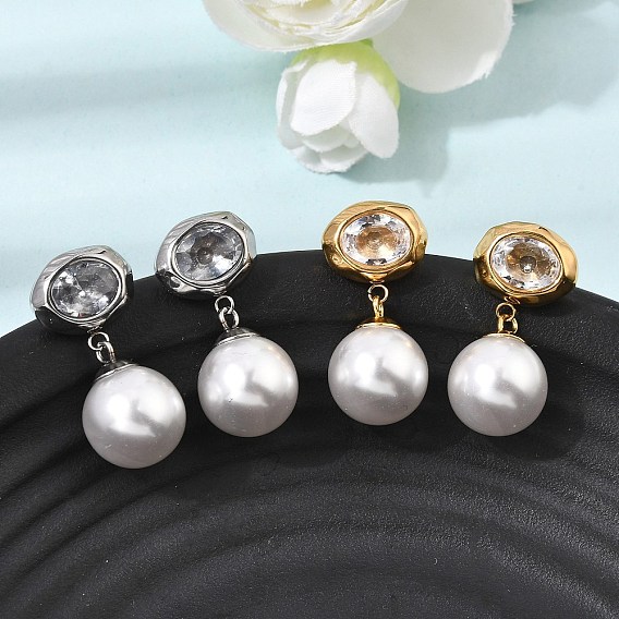 304 Stainless Steel Pave Clear Cubic Zirconia Stud Earrings, Oval, ABS Plastic Pearl Dangle Earrings