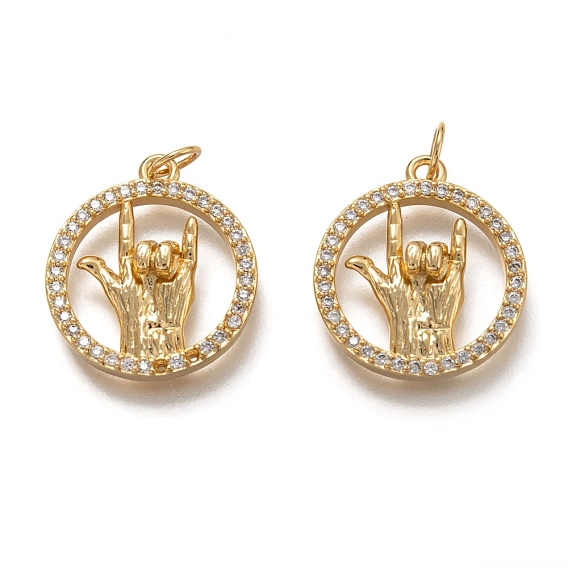 Brass Micro Pave Clear Cubic Zirconia Pendants, with Jump Rings, Long-Lasting Plated, Flat Round with I Love You Gesture
