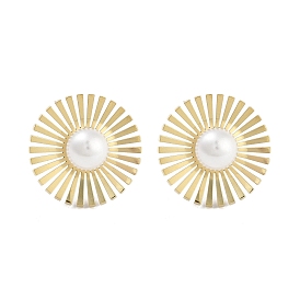 Flat Round 304 Stainless Steel Stud Earrings, ABS Plastic Imitation Pearl Earring for Women