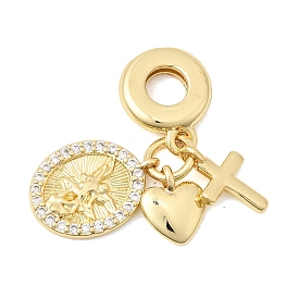 Brass Micro Pave Clear Cubic Zirconia European Dangle Charms, Heart Cross Large Hole Pendants, Cadmium Free & Lead Free, Long-Lasting Plated, Rack Plating
