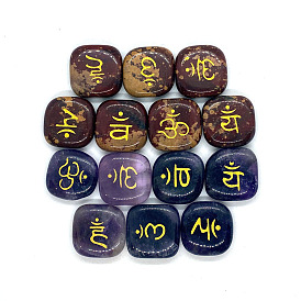 Natural Gemstone Square with Ohm/Aum Sign Decorations, Reiki Stones for Home Office Desktop Feng Shui Ornament