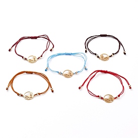 Adjustable Nylon Cord Braided Bead Bracelet, with 201 Stainless Steel Links and Brass Beads, Ring with Butterfly, Golden