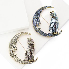 Alloy and Glass Rhinestone Brooch, Moon with Cat Shape, Golden