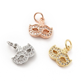 Mask Brass Micro Pave Clear Cubic Zirconia Charms, with Jump Rings, Cadmium Free & Lead Free