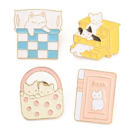Cartoon Style Cat in the Bed/Drawer/Bag Enamel Pins, Light Gold Alloy Badge for Women