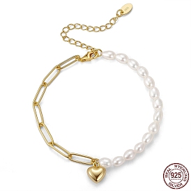 925 Sterling Silver Heart Charm Bracelet, Natural Baroque Pearl Beaded & Paperclip Chains Bracelets, with S925 Stamp