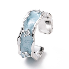 Enamel Wave Open Cuff Ring with Clear Cubic Zirconia, Platinum Plated Brass Jewelry for Women