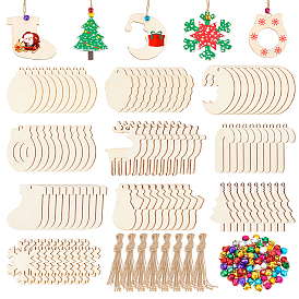DIY Christmas Themed Pendant Decoration Making Kit, Including Snowflake & Wreath & Socks & Deer Wood Pendants, Hemp rope, Iron Bell Pendants
