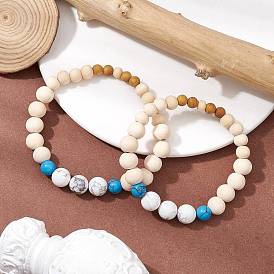 2Pcs Wood Beads Stretch Couples Bracelets, with Natural Howlite & Synthetic Turquoise, Round