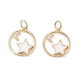 Rack Plating Brass Micro Pave Clear Cubic Zirconia Pendants, with Jump Ring, Long-Lasting Plated, Flat Round with Star & Moon
