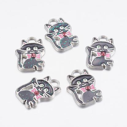 Alloy Enamel Kitten Pendants, with Rhinestone, Lead Free and Cadmium Free, Cartoon Cat Shape, 19x14x3mm, Hole: 3mm
