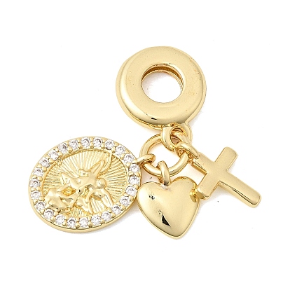 Brass Micro Pave Clear Cubic Zirconia European Dangle Charms, Heart Cross Large Hole Pendants, Cadmium Free & Lead Free, Long-Lasting Plated, Rack Plating