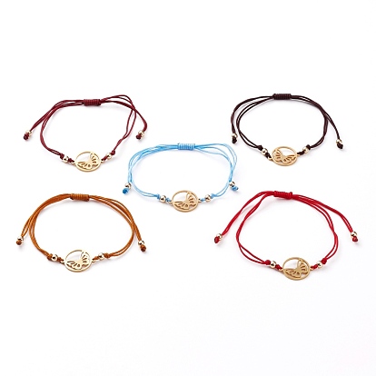 Adjustable Nylon Cord Braided Bead Bracelet, with 201 Stainless Steel Links and Brass Beads, Ring with Butterfly, Golden