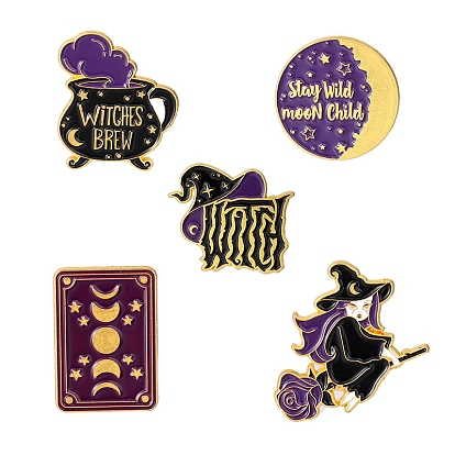 Wiccan Tarot Witch Enamel Pins, Golden Alloy Brooch for Women, Moon/Hat/Cauldron