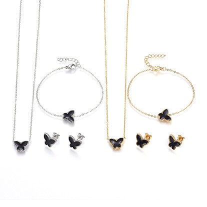 304 de acero inoxidable conjuntos de joyas, colgantes collares y pendientes y pulseras, con esmalte, mariposa