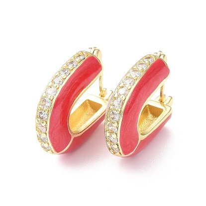 Enamel Half Round Hoop Earrings with Clear Cubic Zirconia, Real 18K Gold Plated Brass Jewelry for Women, Lead Free & Cadmium Free